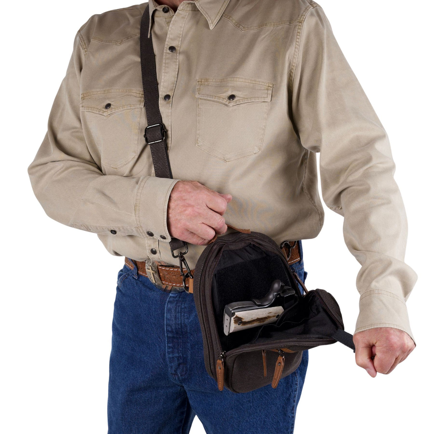 Tactical unisex Jax bag, concealed carry crossbody with secure canvas, Velcro holster