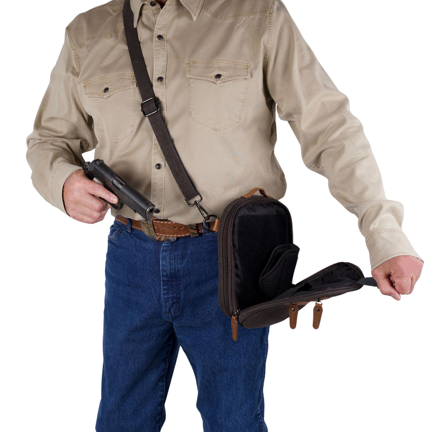 Tactical unisex Jax bag, concealed carry crossbody with secure canvas, Velcro holster