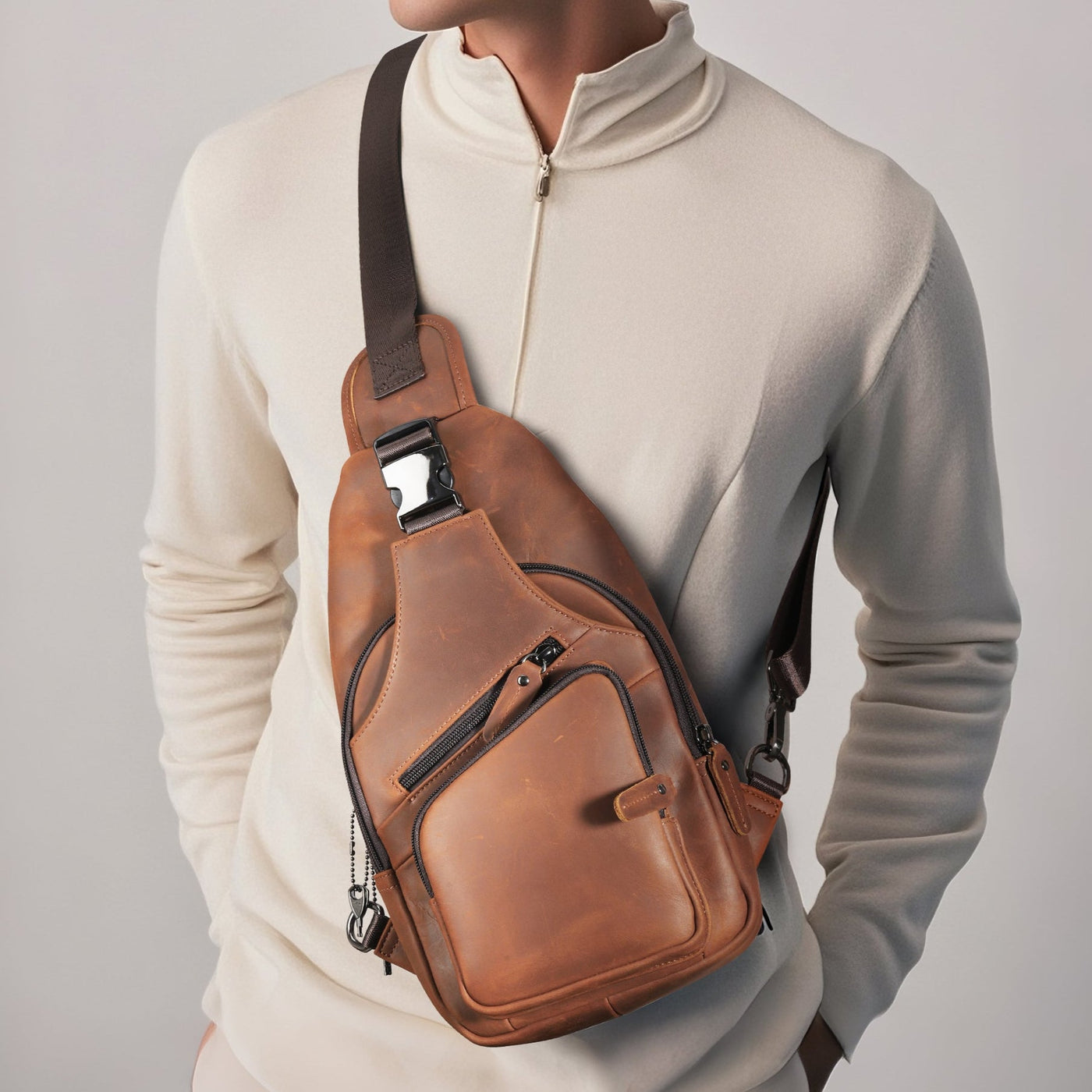 Concealed Carry Brown Leather Sling Bag, Men Gun Sling, Tactical Pistol Bag