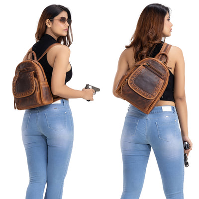 Concealed Carry RFID Daisy Leather Backpack - Locking Concealment Bag for Pistol - Outdoors Gun Bag - Women's Conceal Carry Purse for Firearm - Women Gun Users - gun carrier backpack - best gun carrying backpack- best gun carry backpack - Pistol and Firearm Bag - Western Hide Backpack - Boho Stylish Backpack for Women - Universal Holster Bag - Marley Unisex Backpack - Women's Concealed Carry Bagpack - premium leather backpack
