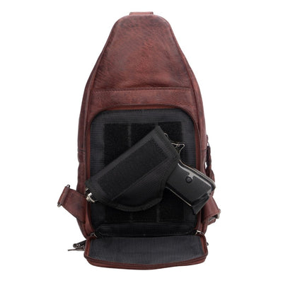 genuine Leather Conceal Carry Sling Leather gun Backpack - Lady Conceal Sling Leather Tactical Backpack for Pistol