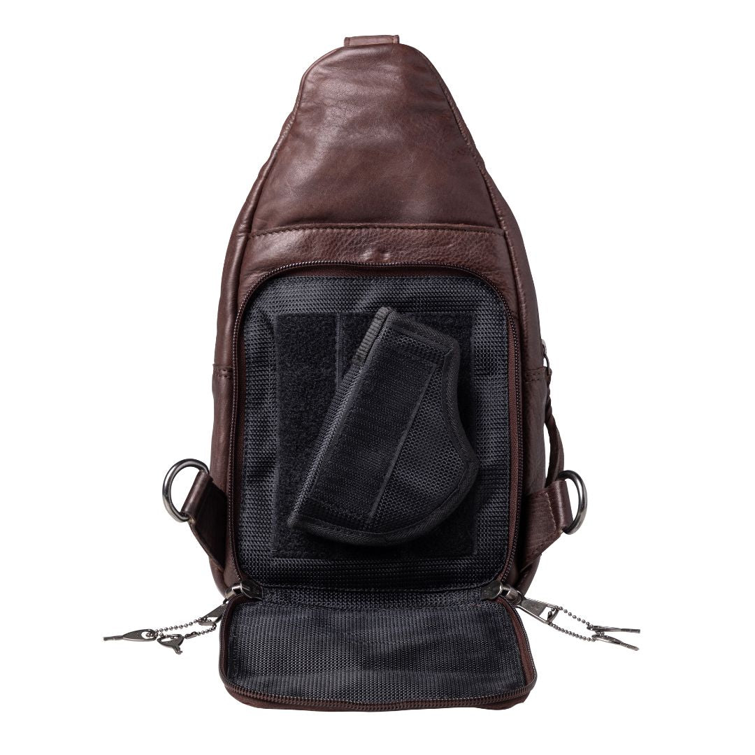 Concealed Carry Unisex Taylor Sling Leather Backpack by Lady Conceal
