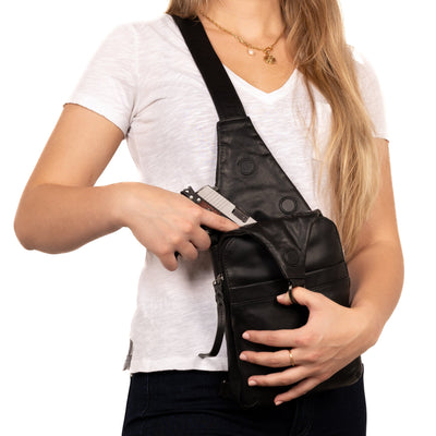 Concealed Carry Unisex Dakota Leather Sling by Lady Conceal - Magnetic Firearm Bag - Fast Draw CCW bag -  Universal Holster Pistol Sling - Unisex Gun Leather Backpack - Anti-Theft Gun Bag with Locking Zippers
