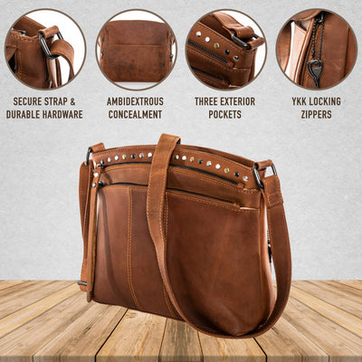 Concealed Carry Brynn Arched Leather Crossbody Bag - Lady Conceal - Concealed Carry Purse - Lady Conceal - conceal and cary purse for women - tactical pistol bag -  Locking Conceal and Carry Purse with Universal Holster for Handguns