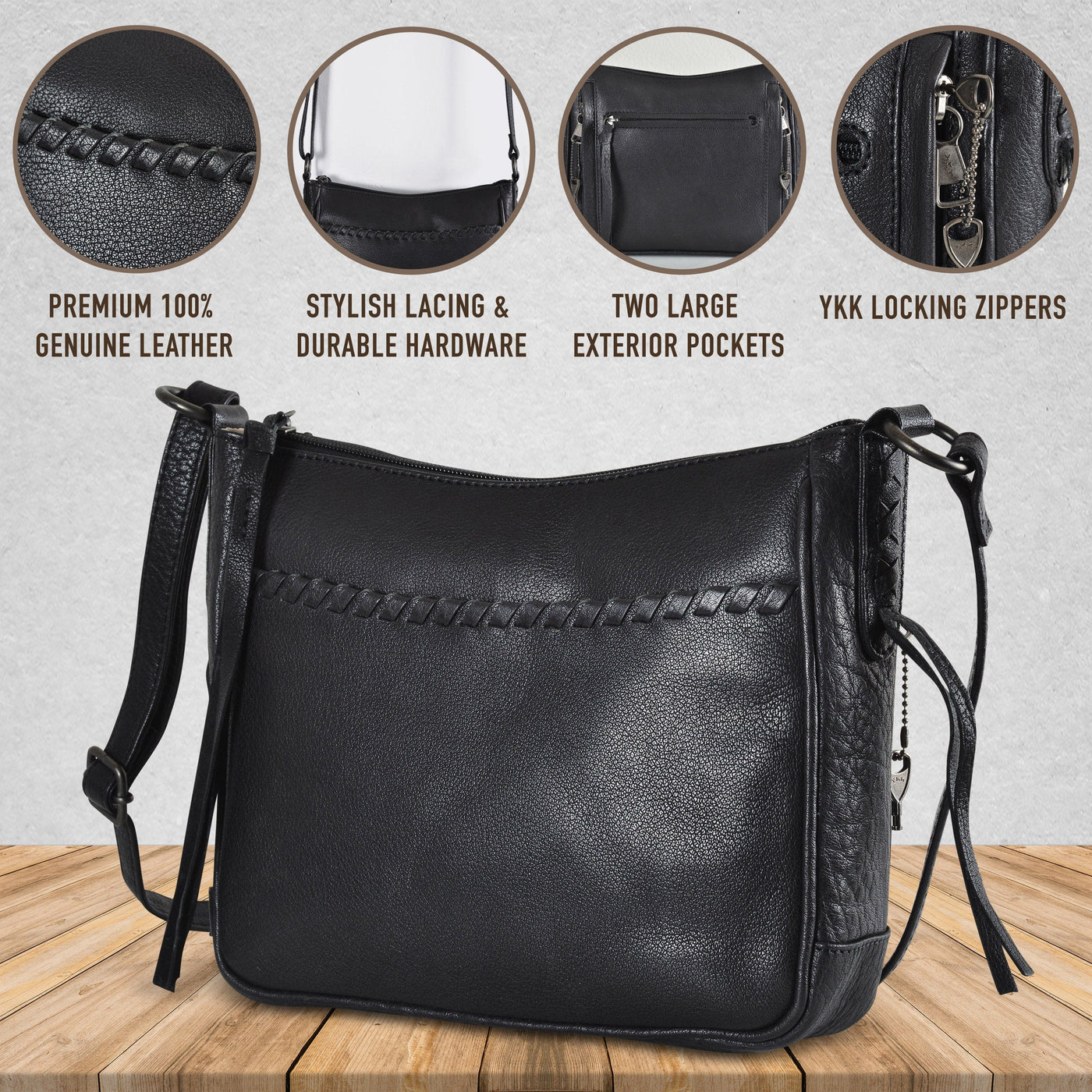 Concealed Carry Callie Leather Crossbody - YKK Locking Bag Black with Universal Holster for Pistol and Guns