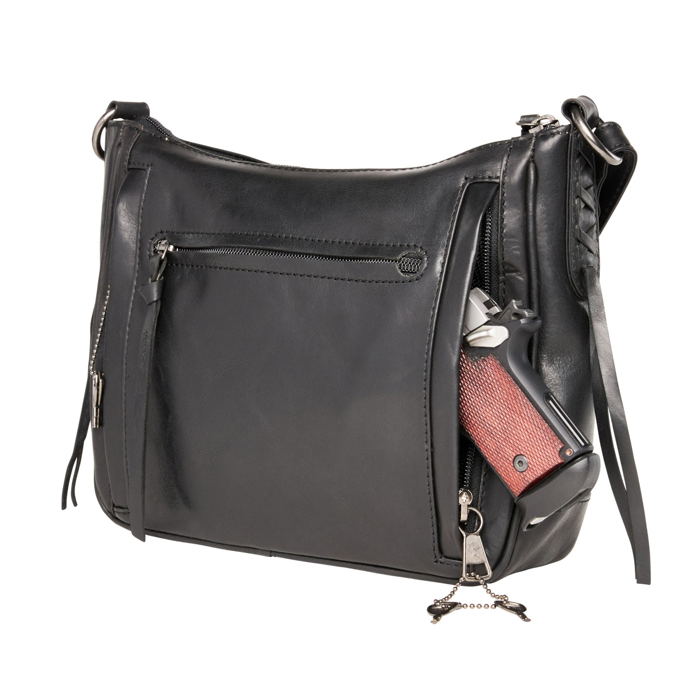 Concealed Carry Callie Leather Crossbody - YKK Locking Bag Black with Universal Holster for Pistol and Guns