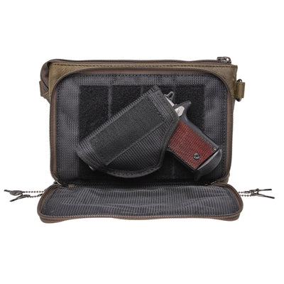 The Concealed Carry Natasha Crossbody -  Locking zippers and universal holster -  Leather Crossbody pistol bag -  Tactical womans purse for pistol -  Concealed Carry Purse -  most popular crossbody bag -  crossbody handgun bag -  crossbody bags for everyday use -  Lady Conceal -  Unique Hide Purse -  Locking YKK Purse -  Fanny Pack for Gun and Pistol -  Easy CCW -  Fast Draw Bag -  Secure Gun Bag