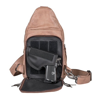 genuine Leather Conceal Carry Sling Leather gun Backpack - Lady Conceal Sling Leather Tactical Backpack for Pistol